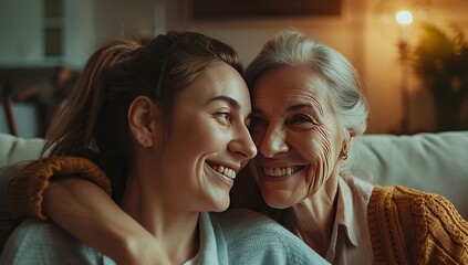 Two generations of women smiling and embracing at home. Family values and generations concept. - obrazy, fototapety, plakaty