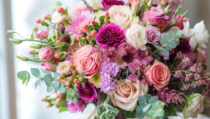 A bouquet of fresh flowers of various types and shades. Beauty and naturalness concept.