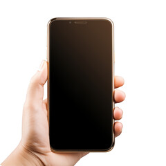 Smartphone in a gold case in your hand. Transparent background. PNG .Generative Ai
