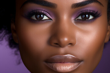 Face of beautiful black woman with purple eye shadow makeup
