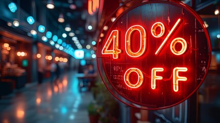 40 percent off. Neon discount light signs on - obrazy, fototapety, plakaty