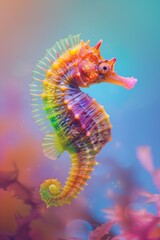 A colorful seahorse captured against a harmonious aquatic backdrop exuding serenity and natural beauty - obrazy, fototapety, plakaty