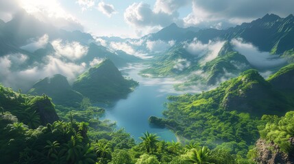 Fototapeta na wymiar A panoramic view of misty mountains and lush green valleys under a soft morning light