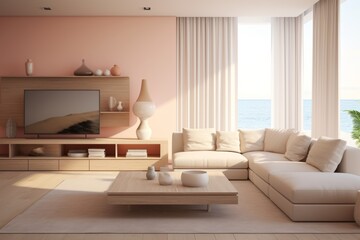 Modern, spacious scandinavian studio with big window and stylish design in light pastels