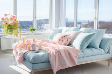 Scandi studio apartment with elegant pastel design, big windows, cozy living spaces - obrazy, fototapety, plakaty