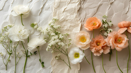 Obraz na płótnie Canvas Elegant floral arrangement featuring delicate white and peach paper ranunculus and gypsophila on a textured cream background, suitable for spring or wedding-themed designs