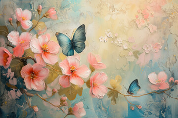 Pastel-hued artistic rendering of delicate pink blossoms with two vibrant butterflies, evoking a serene springtime ambiance
