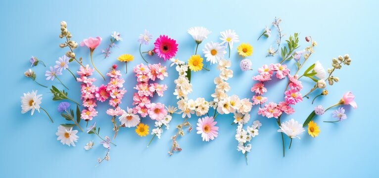A creative display spelling out the word 'love' with an assortment of colorful flowers on blue background
