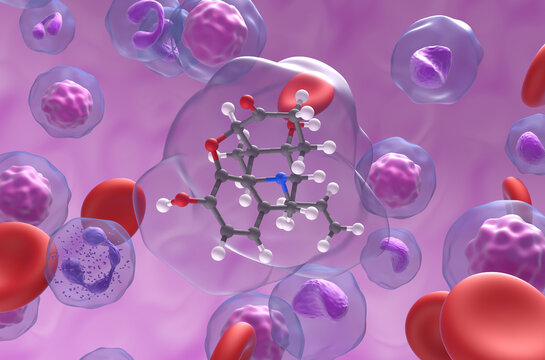 Naloxone hydrochloride molecule in the blood flow - closeup view 3d illustration