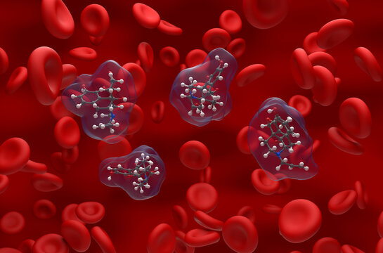Naloxone hydrochloride molecule in the blood flow - isometric view 3d illustration