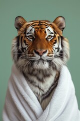 An imaginative photo of a tiger's head on a human's body, clad in a white bathrobe with a gray backdrop
