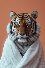 An artful depiction of a tiger's head seamlessly blended onto a human figure in a white robe, against an orange backdrop