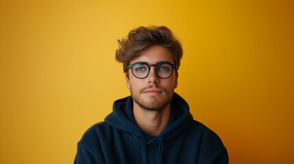 Fototapeta premium a portrait man with blonded hair wearing a hoodie and glasses on a yellow background