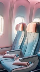 Softly lit interior of an airplane with empty blue seats and pink headrest pillows, offering sense of tranquil travel