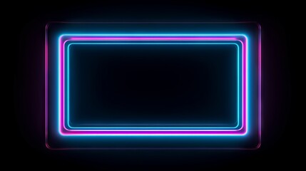 Close-up rectangular frame with two-tone pink and blue neon graphics on a black background. A mockup from the copy space, For photos and inscriptions.