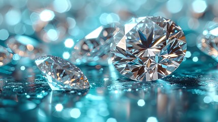 Brilliant cut diamonds sparkle intensely, scattered on a reflective surface with a soft focus on the background, highlighting the gem's exquisite facets and clarity - obrazy, fototapety, plakaty
