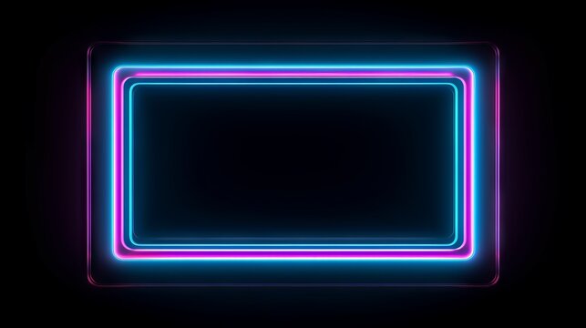 Close-up rectangular frame with two-tone pink and blue neon graphics on a black background. A mockup from the copy space, For photos and inscriptions.