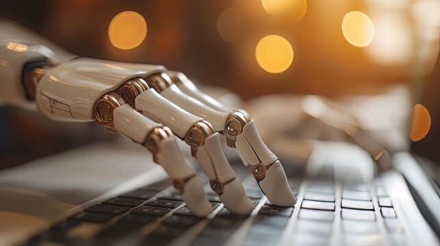 Robot hands point to laptop button advisor chatbot robotic artificial intelligence concept