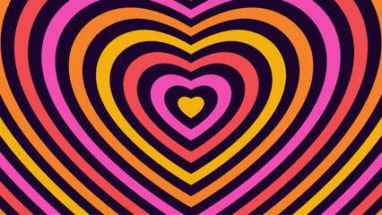 Hypnotic vector heart shape tunnel. Groovy style psychedelic rainbow hearts. Bright vivid colorful vintage love wallpaper. Cool 70s nostalgia banner. Cute retro abstract y2k Valentine background