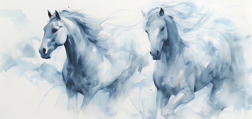 A white watercolor sketch of a pair of blue horses - obrazy, fototapety, plakaty