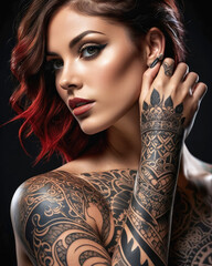 portrait of a beautiful woman tattooed body