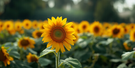 Fototapeta premium sunflower field with sky and clouds, sunflower field with sky, field of sunflowers, a high resolution photograph of a close up