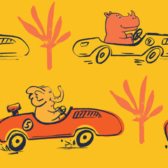 Rhinoceros, elephant car race funny cool summer t-shirt seamless pattern. Road trip vacation print design.