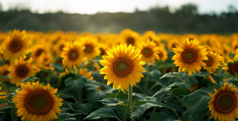 Obraz premium sunflower field with sky and clouds, sunflower field with sky, field of sunflowers, a high resolution photograph of a close up