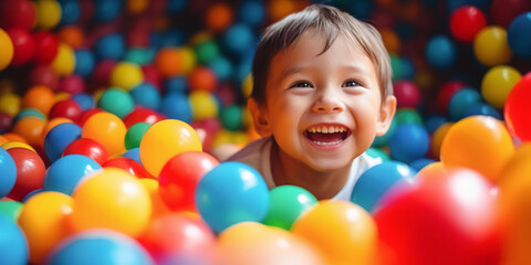 Fototapeta na wymiar Joyful child in colorful ball pit play area, perfect for family fun centers, indoor playgrounds, and birthday party venues. AI Generative
