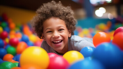 Happy child playing in a colorful ball pit at an indoor playground, perfect for family and fun concepts. AI Generative - obrazy, fototapety, plakaty