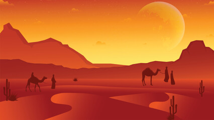 Fototapeta na wymiar desert scene with camel and man walking in desert vector illustration wallpaper