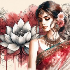 Ethereal Beauty Amidst Blooming Nelumbo nucifera with Indian saree girl with Generative AI. - obrazy, fototapety, plakaty