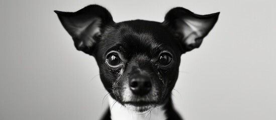 Black and white portrait of a Toy Terrier dog with floppy ears and circular eyes.