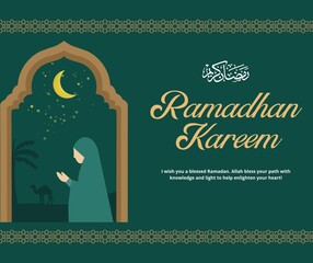 ramadan kareem in arabic calligraphy greetings with islamic mosque and decoration, translated "happy ramadan" you can use it for greeting card, calendar, flier and poster - vector illustration