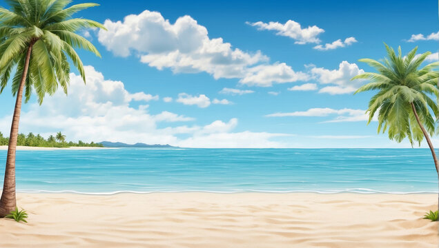 Beach background with white sand and blue sky, with coconut trees on the right and left. Background for summer. summer design elements.