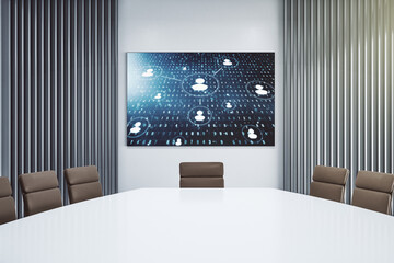 Social network media concept on tv display in a modern presentation room. 3D Rendering