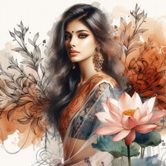 Ethereal Beauty Amidst Blooming Nelumbo nucifera with Indian saree girl with Generative AI.