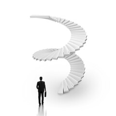 Businessman walking up a spiral staircase, transparent background