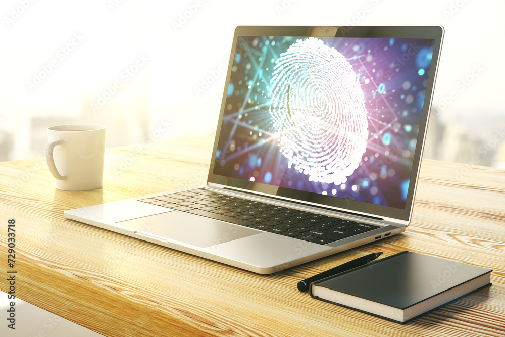 Poster Modern computer display with abstract graphic fingerprint sketch, fingerprint scan data concept. 3D Rendering