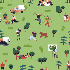 Obraz na płótnie Canvas Hiking, seamless pattern. Tiny tourists, hikers in nature, outdoor adventure, endless background. Trekking, travel, camping, summer holiday repeating print. Printable flat graphic vector illustration