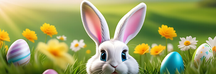 Easter bunny ears with easter eggs on meadow with flowers background banner transparent