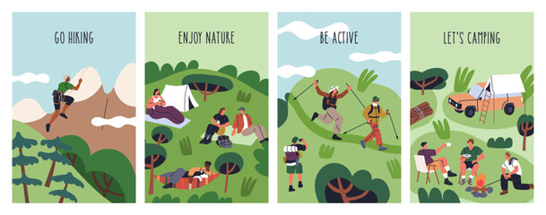 Camping, hiking, climbing, summer adventure posters. Tourists in nature, travel and tourism cards designs. Hiker, campers, backpackers at campsite, picnic on holiday. Flat vector illustrations