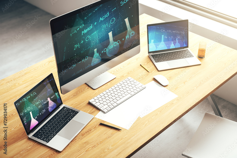 Poster Modern computer monitor with creative chemistry concept, research and development concept. 3D Rendering