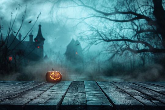 Wooden table with Pumpkin head on Halloween Mystery landscape background