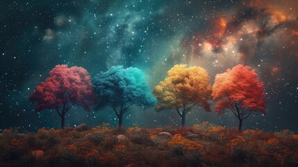 Surreal Trees Against Cosmic Backdrop