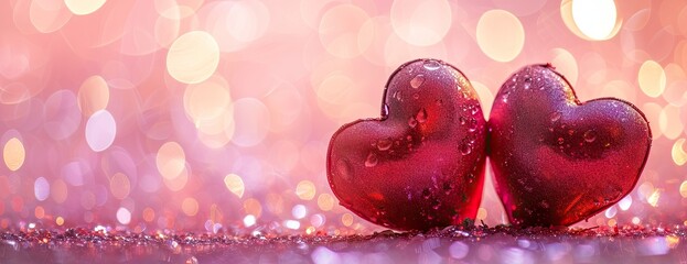 Two vibrant red hearts set against romantic pink background with sparkling bokeh perfect for Valentine Day symbolizes love and romance with shiny glitter adding festive and celebratory feel