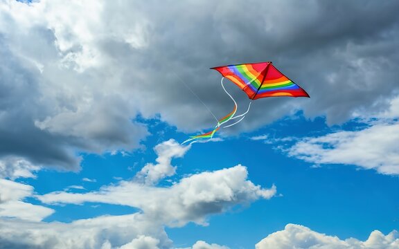 rainbow kite flying in blue sky with clouds in summer with copyspace