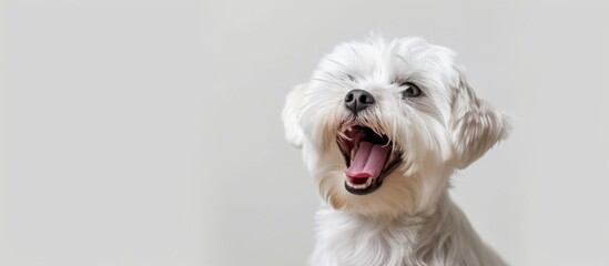 Maltese dog panting, white background.