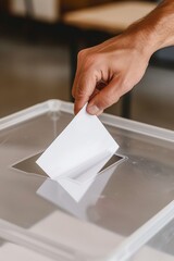 A person's hand is dropping a voting paper into a clear ballot box, captured from a side angle, symbolizing active civic engagement