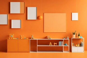 Fototapeta na wymiar Empty orange wall. Mock up kids room interior in contemporary style. Close up view. Free, copy space for your picture or other small object. Sideboard, toys. 3D rendering. Child room mock-up 